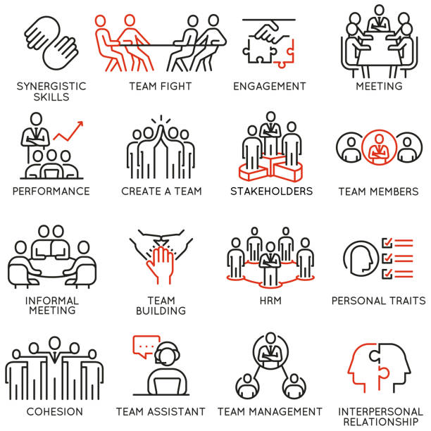 ilustrações de stock, clip art, desenhos animados e ícones de vector set of linear icons related to business process, team work, human resource management and stakeholders. mono line pictograms and infographics design elements - part 6 - coherence