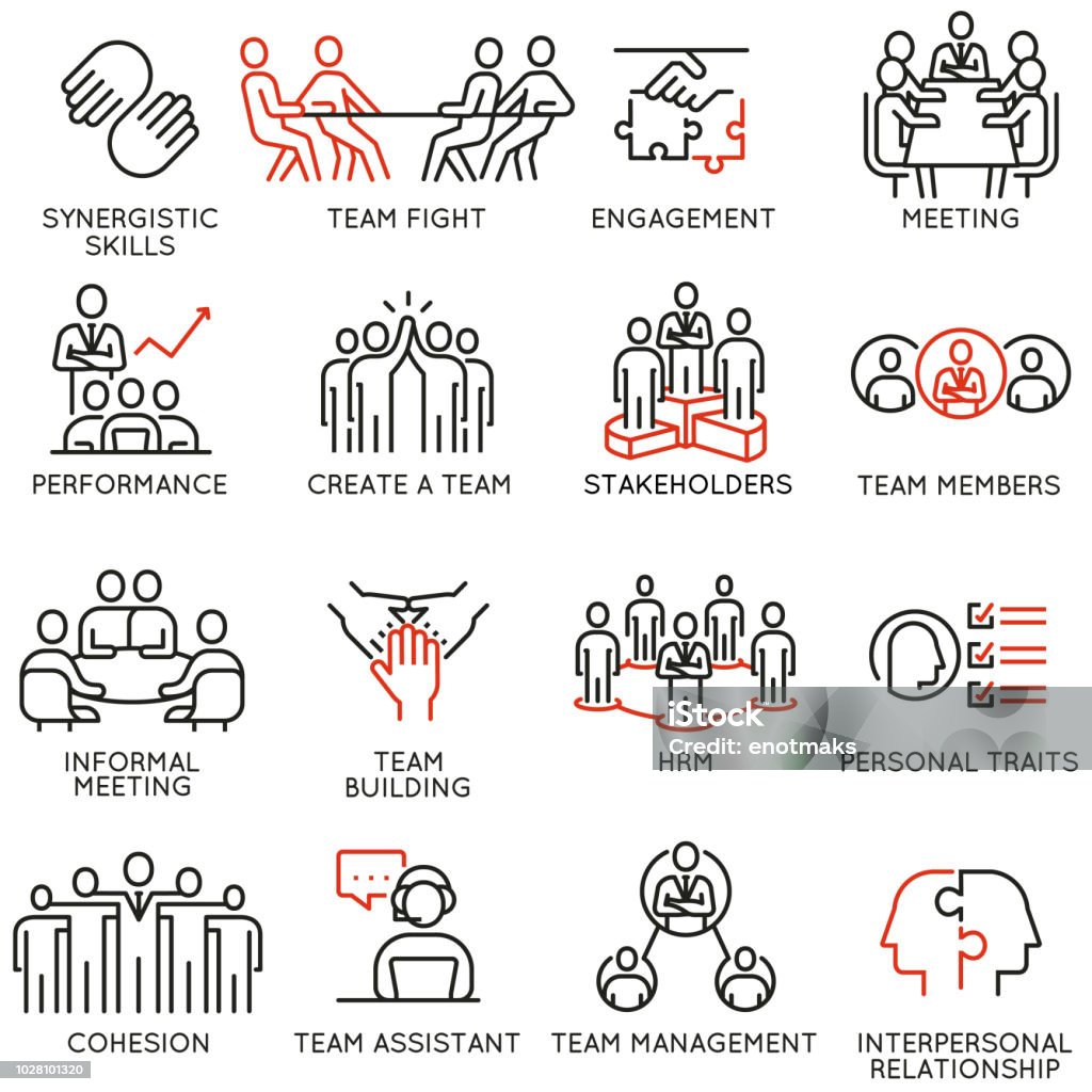 Vector set of linear icons related to business process, team work, human resource management and stakeholders. Mono line pictograms and infographics design elements - part 6 Icon Symbol stock vector