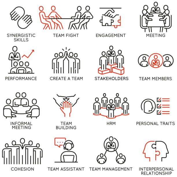Vector set of linear icons related to business process, team work, human resource management and stakeholders. Mono line pictograms and infographics design elements - part 6 Vector set of linear icons related to business process, team work, human resource management and stakeholders. Mono line pictograms and infographics design elements - part 6 founder stock illustrations