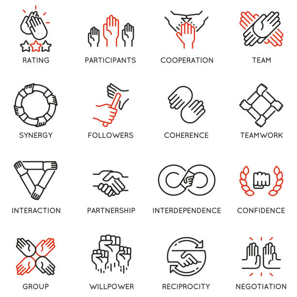 ilustrações de stock, clip art, desenhos animados e ícones de vector set of linear icons related to relationship, team work and cooperation. mono line pictograms and infographics design elements - coherence