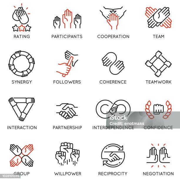 Vector Set Of Linear Icons Related To Relationship Team Work And Cooperation Mono Line Pictograms And Infographics Design Elements Stock Illustration - Download Image Now