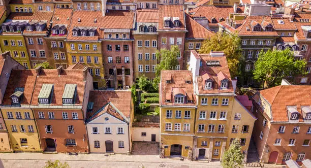 Photo of European Old Town With Beautiful Colorful Buildings In Warsaw. Top View