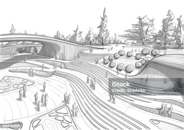 Hand Drawn Black And White Landscape Architecture Stock Illustration - Download Image Now - Drawing - Art Product, Architecture, Natural Parkland