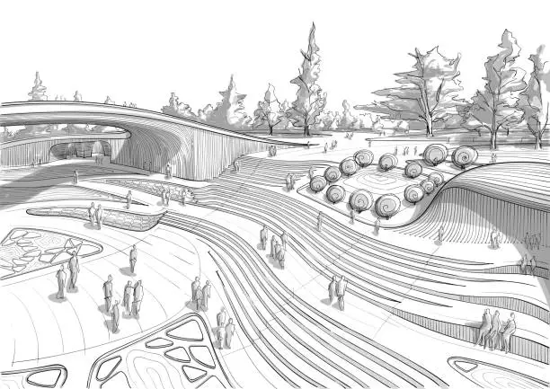 Vector illustration of Hand drawn black and white landscape architecture