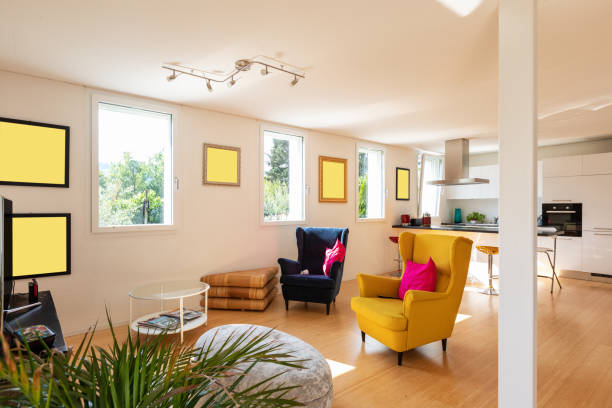 istock Design stay in a modern apartment with two armchairs 1028107504