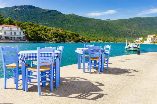 istock Open cafe outdoor restaurant in Greece on sea shore 1028111560