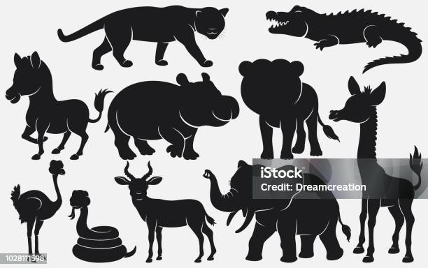 Set Of Black Silhouettes Wild Animals Cartoon On White Background Stock Illustration - Download Image Now