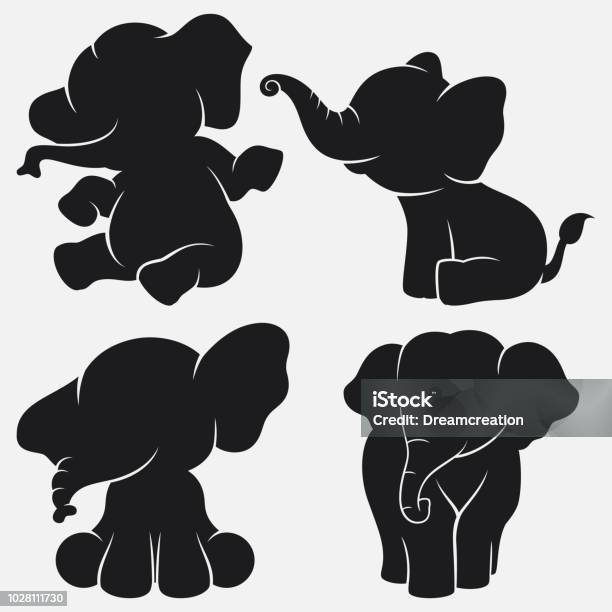 Set Of Elephant Silhouettes Cartoon With Different Poses And Expressions Stock Illustration - Download Image Now