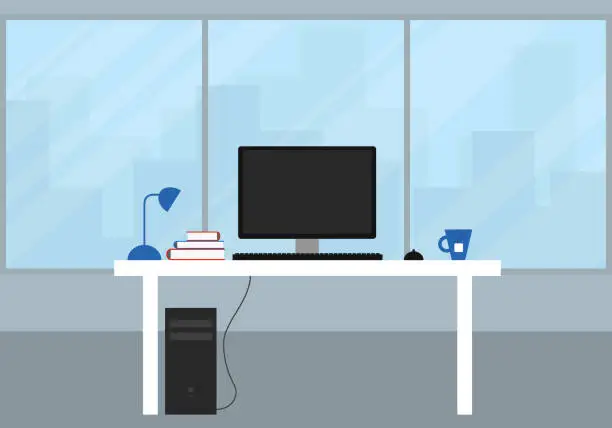 Vector illustration of Office with a large window and city views. White desk with black computer, monitor and keyboard with mouse, tea cup and book. Vector, flat design.