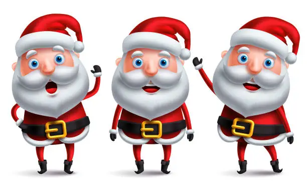 Vector illustration of Santa claus christmas character set talking and smiling while standing and waiving hands