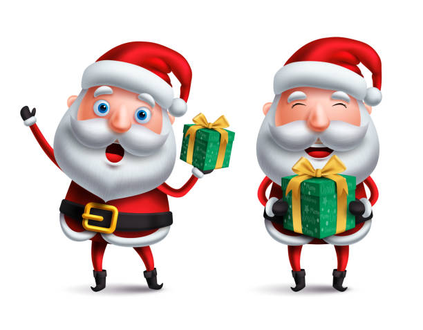 istock Santa claus vector character set holding and giving christmas gift with surprise 1028123142