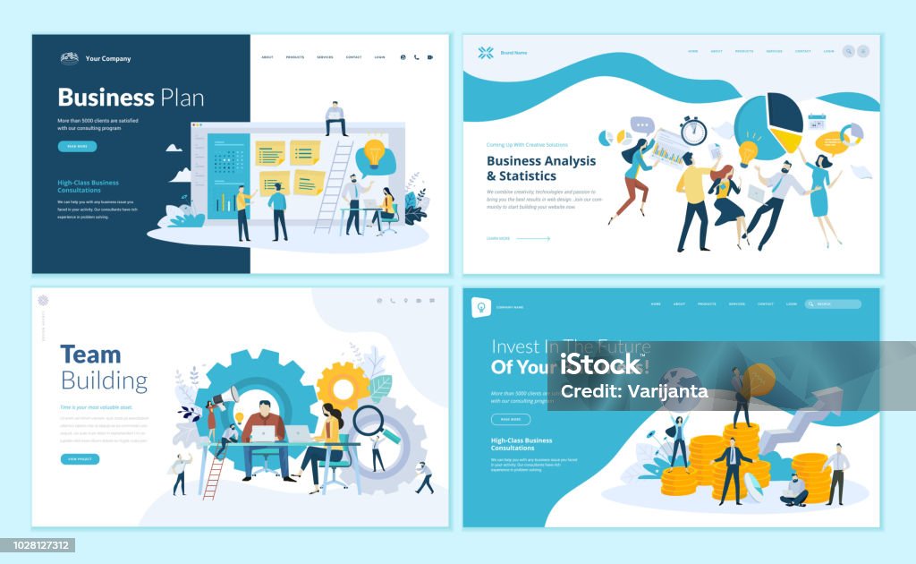ビジネス プランの web ページ デザイン テンプレートの設定、分析や統計、チーム ビルディング、コンサルティング - ビジネスのロイヤリティフリーベクトルアート