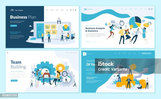 Set Of Web Page Design Templates For Business Plan Analysis And Statistics Team Building Consulting Stock Illustration - Download Image Now