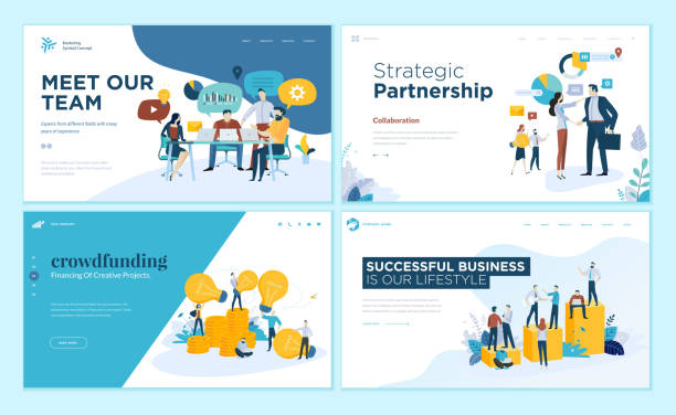 Set of web page design templates for our team, meeting and brainstorming, strategic partnership, crowdfunding, business success Modern vector illustration concepts for website and mobile website development. banking borders stock illustrations