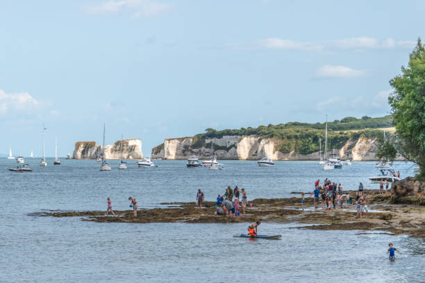Swanage, UK. 25th August 2018. Tourists enjoy the August summer sunshine on the Dorset coast, people exploring the rock pools and kayaking.