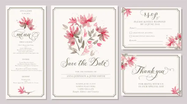 Vector illustration of Set of wedding invitation card templates with watercolor stylized pink dahlia