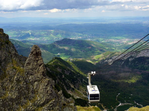 The cable car approaching to the summit of Kasprowy Wierch Mountain in Tatra Mountains, Poland