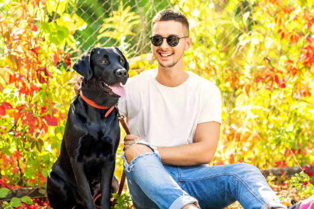 istock guy with a dog walks in a park in autumn 1028142442