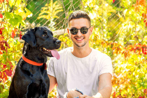 istock guy with a dog walks in a park in autumn 1028142688
