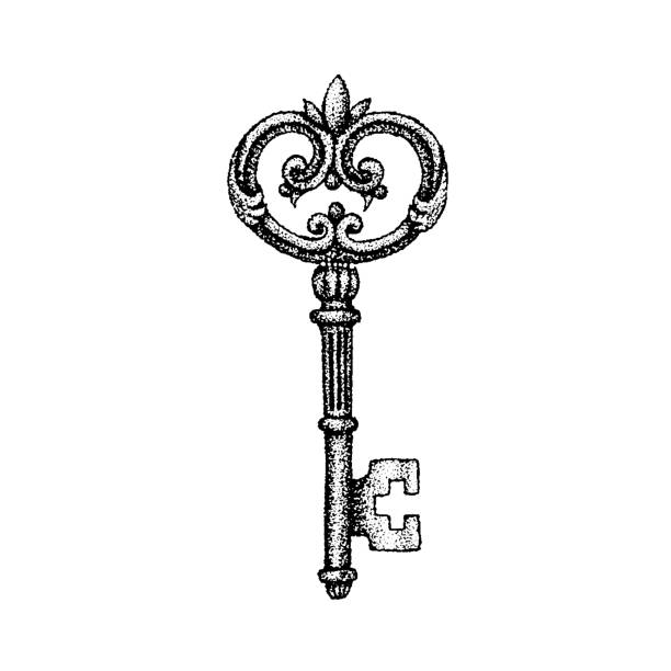 Dotwork Ancient Key Dotwork Ancient Key. Vector Illustration of T-shirt Design. Tattoo Hand Drawn Sketch. old key stock illustrations