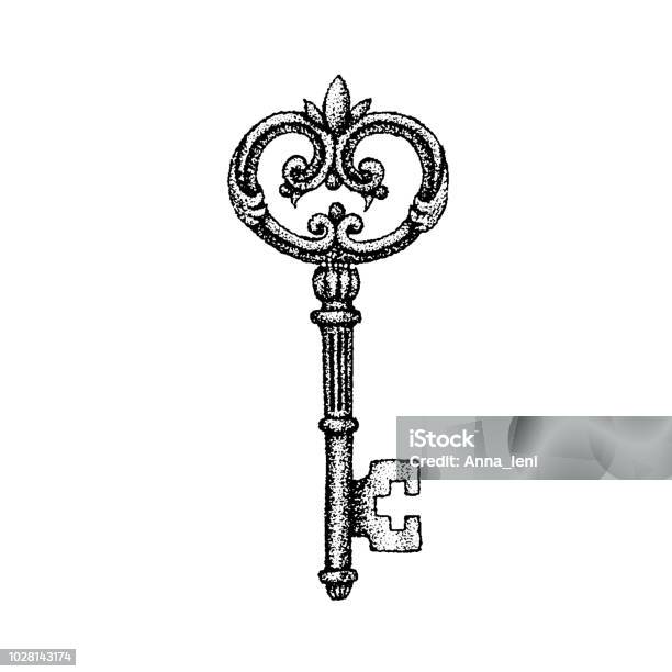 Dotwork Ancient Key Stock Illustration - Download Image Now - Key, Old-fashioned, Retro Style