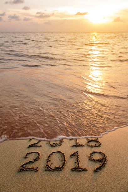 istock New year 2019 and old year 2018 text on the beach at sunset 1028147334