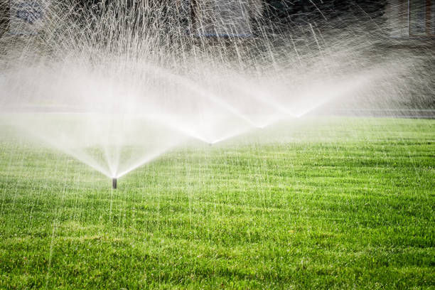 zraszacz ogrodowy na zielonym polu trawiastym - sprinkler park summer spray zdjęcia i obrazy z banku zdjęć