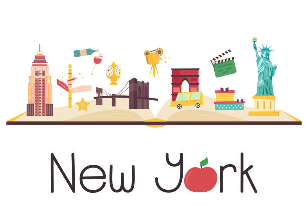 illustrazioni stock, clip art, cartoni animati e icone di tendenza di cartolina con famose destinazioni di new york, simbolo - brooklyn bridge taxi new york city brooklyn