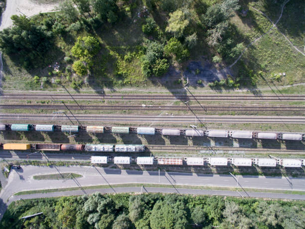 istock railway, trains with wagons, view from above 1028159344