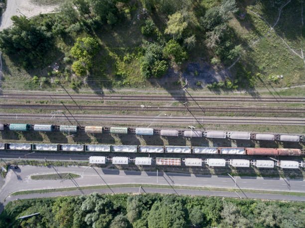 istock railway, trains with wagons, view from above 1028159806