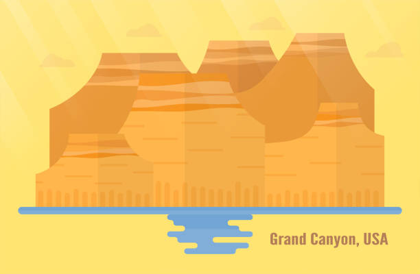 arizona usa sehenswürdigkeiten für reisen mit grand canyon national park, berg und wasser. vektor-illustration mit textfreiraum und aufflackern des lichts auf den gelben und orangefarbenen hintergrund. - grand canyon stock-grafiken, -clipart, -cartoons und -symbole