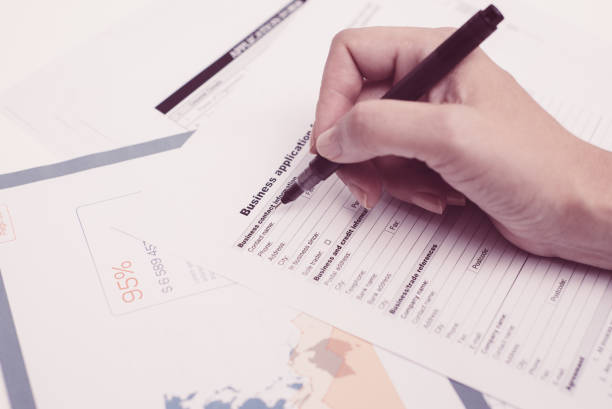 istock Female hand filling business application 1028167836