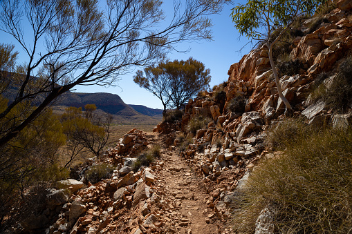 The Larapinta trail winds its way through the Australian outback desert in the West Macdonell ranges
