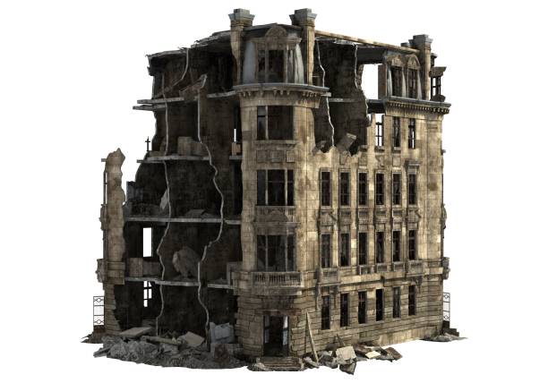 3D illustration ruined building isolated on white.