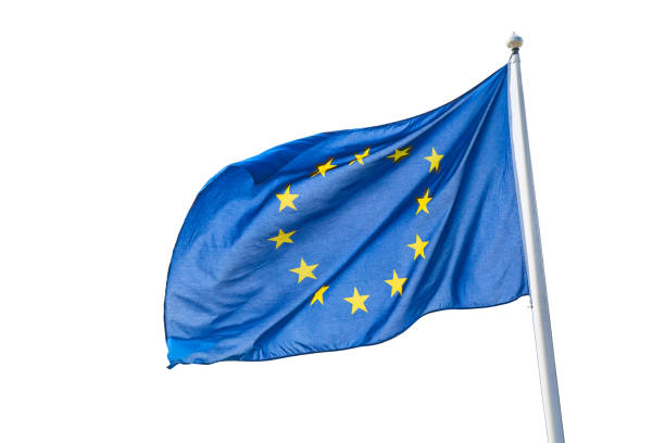 sventolando la bandiera dell'unione europea isolata su sfondo bianco. - flag european union flag european community european culture foto e immagini stock