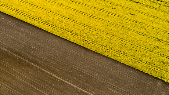 Scenic rural landscape with aerial view of brown and yellow agricultural fields