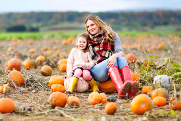 kleines kind mädchen und mutter spaß auf pumkin field - pumpkin child little girls pumpkin patch stock-fotos und bilder