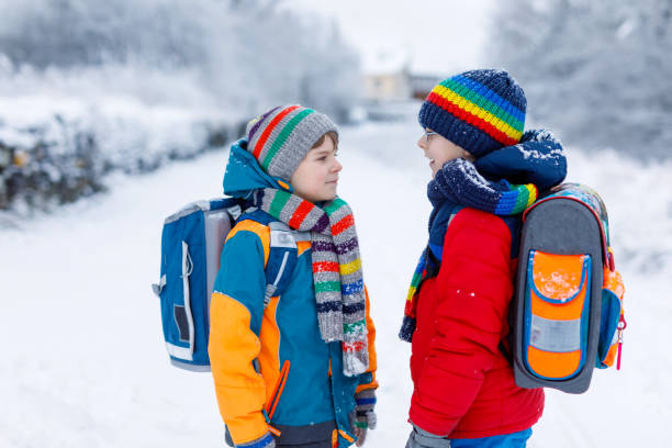 istock Two little kids boys of elementary class walking to school during snowfall 1028207394