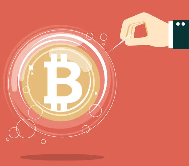 Vector illustration of Hand holding pin to burst Bitcoin bubbles