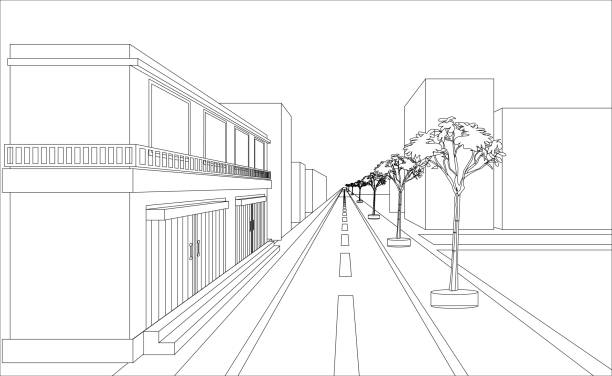 ilustrações de stock, clip art, desenhos animados e ícones de sketch building perspective - vanishing point