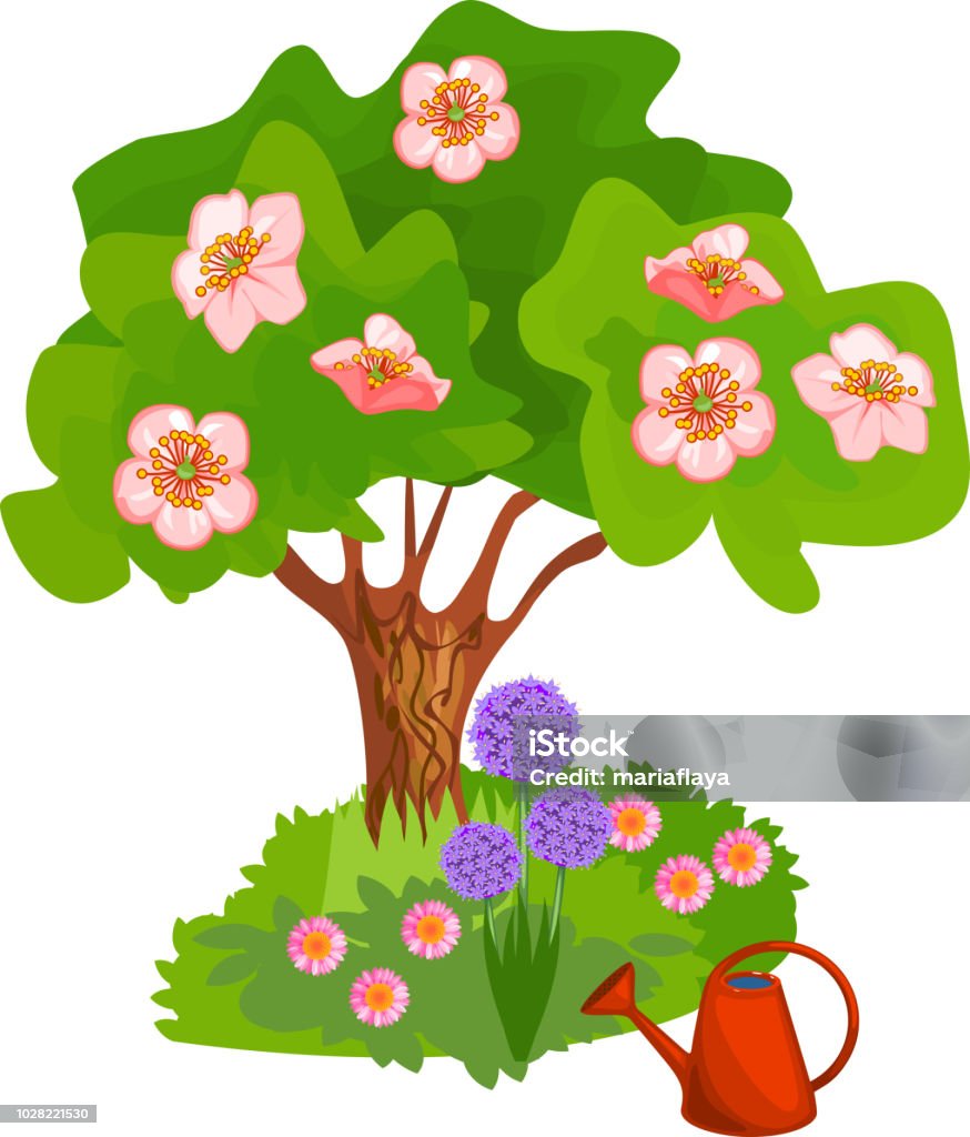 Ilustración de Dibujos Animados Floreciente Árbol Con Flores Rosas Y La  Hierba Cerca De Tronco Sobre Fondo Blanco y más Vectores Libres de Derechos  de Flor - iStock