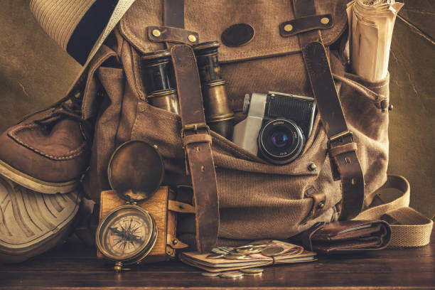istock Looking image of travelling concept, essential vacation items. Backpack. Retro effect. 1028224334