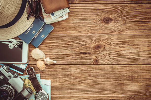 istock Looking image of travelling concept, essential vacation items. 1028224496