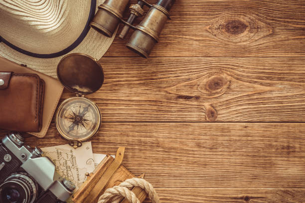 istock Looking image of travelling concept, essential vacation items. Retro effect. 1028224658