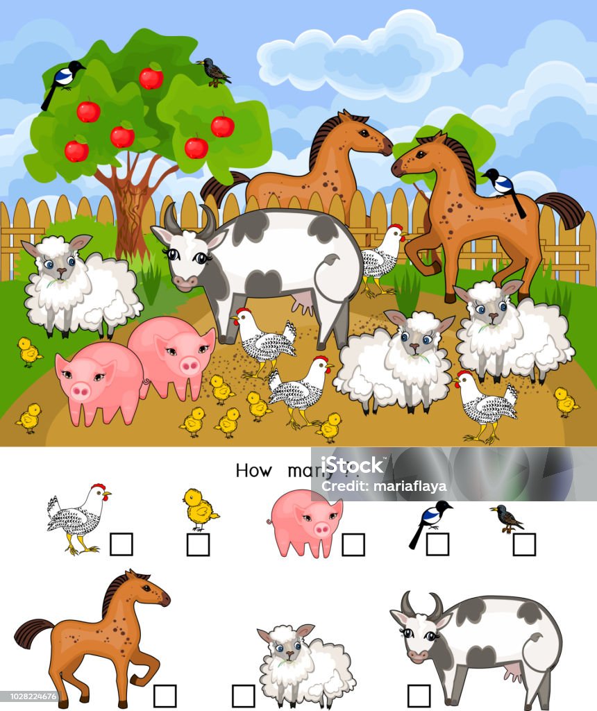 How Many Animals Counting Educational Game With Different Farm Animals For  Preschool Kids Stock Illustration - Download Image Now - iStock