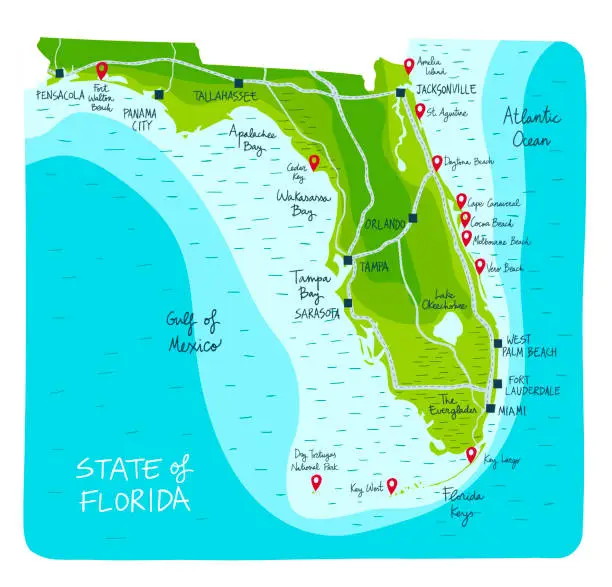 Vector illustration of ImprimirHand Drawn map of the state of Florida with main cities and point of interest.