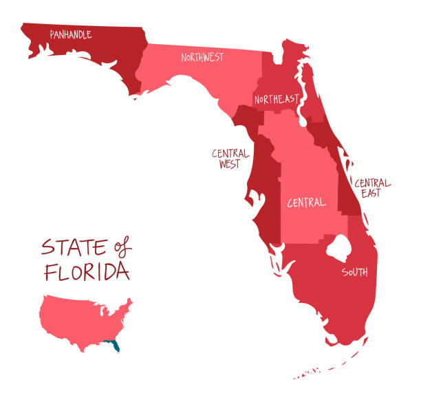 Hand Drawn map of Florida with regions and counties Hand Drawn map of the state of Florida with regions counties and main cities. Red shades drawing of a state florida stock illustrations