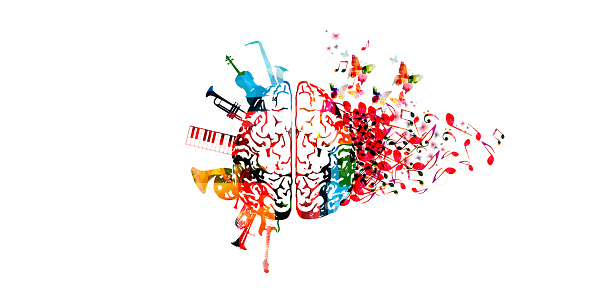Colorful human brain with music notes and instruments isolated vector illustration design. Artistic music festival poster, live concert, creative music notes, listening to music