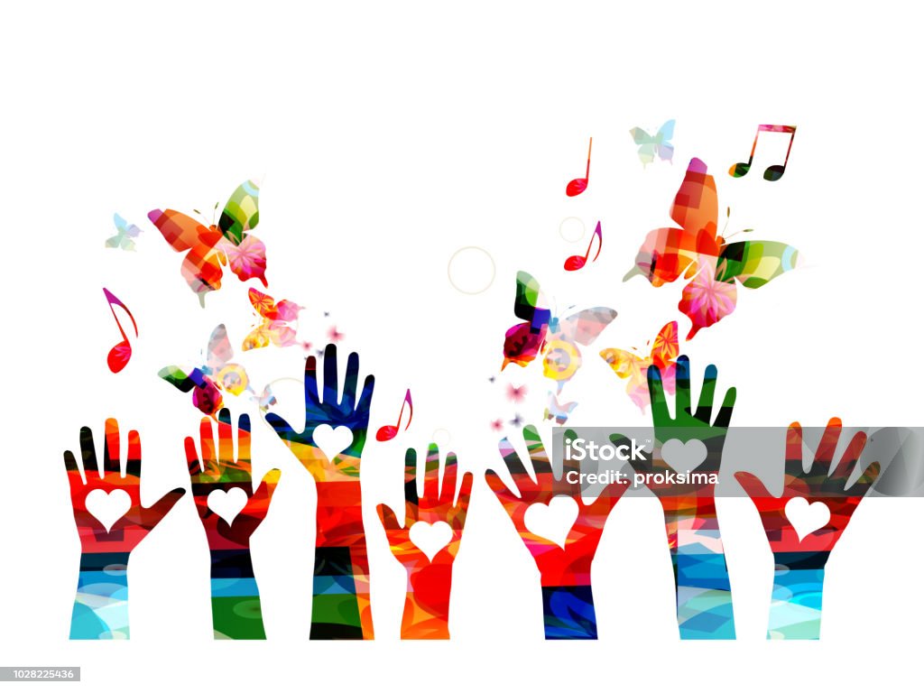 Musica di sottofondo colorato con note musicali e mani - arte vettoriale royalty-free di Musica