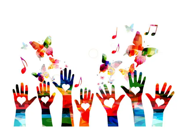 Vector illustration of Music colorful background with music notes and hands